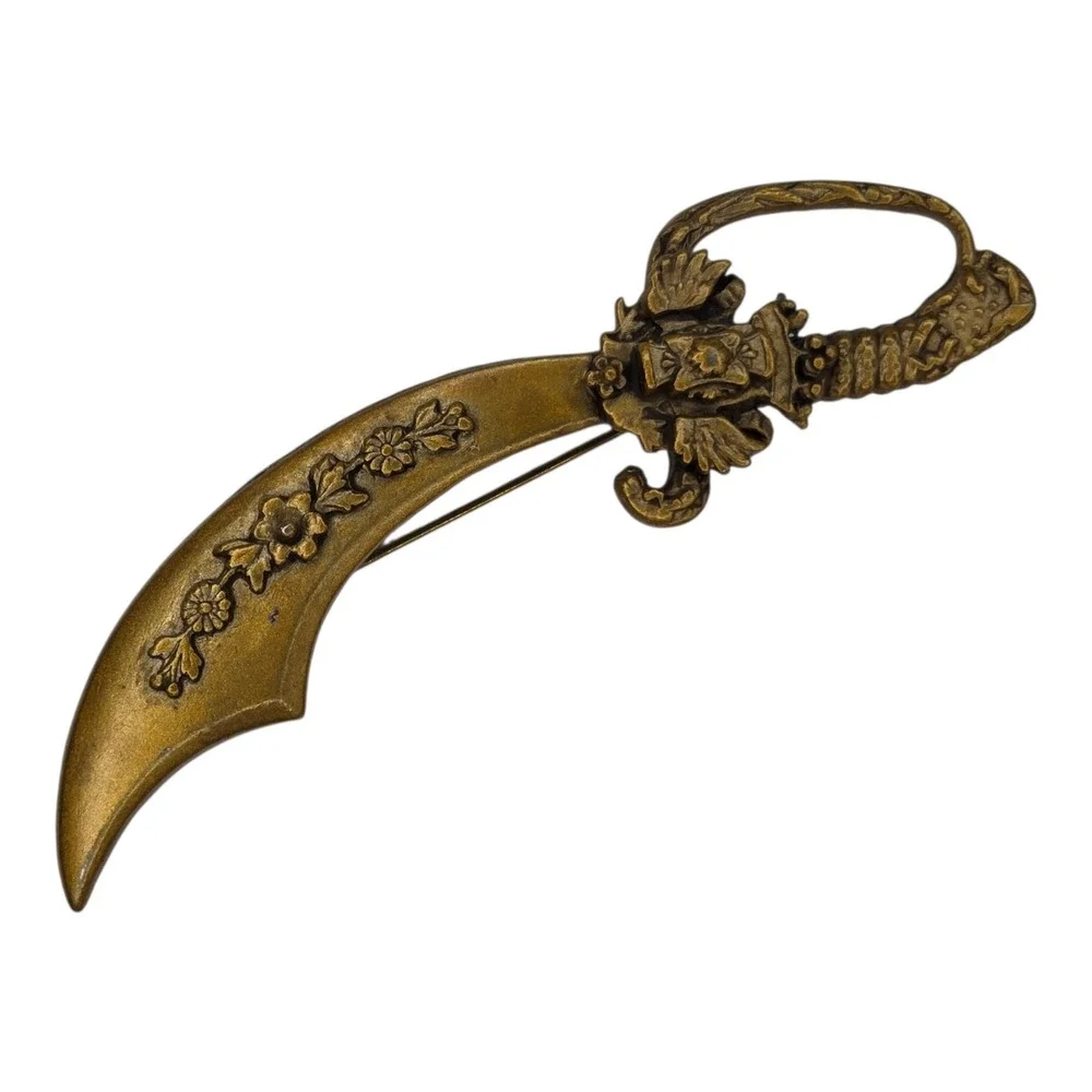 Vintage Scimitar Sword Brooch Pin Gold Tone Floral Ornate Medieval Costume